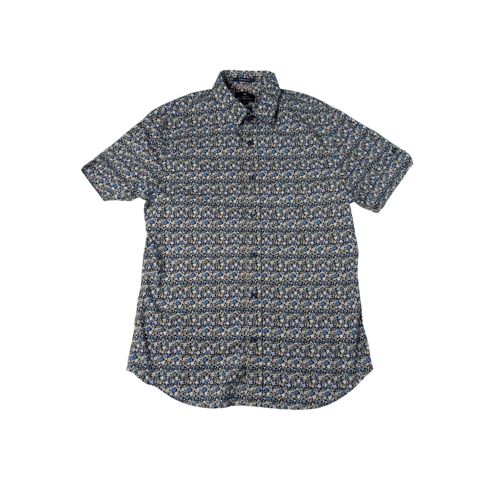 Ben Sherman Mens Small Blue Floral Print Short Sleeve Stretch Fit Shirt